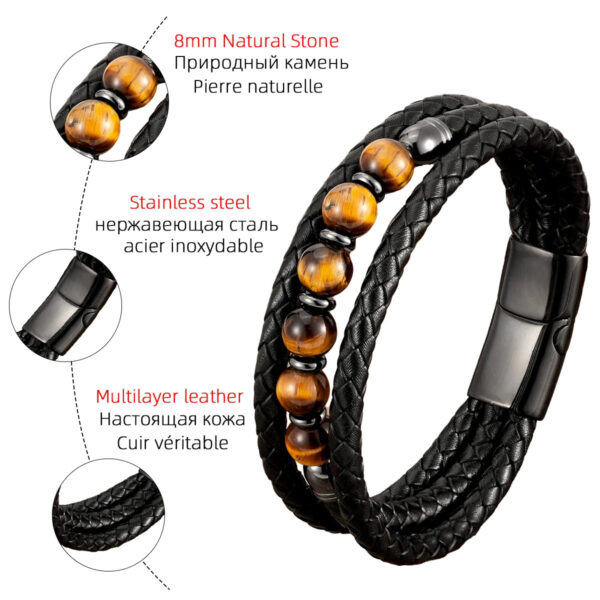 Multilayer Round Stone Leather Bracelets Tiger Eye Hematite Bracelets - Image 5