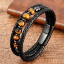 Multilayer Round Stone Leather Bracelets Tiger Eye Hematite Bracelets