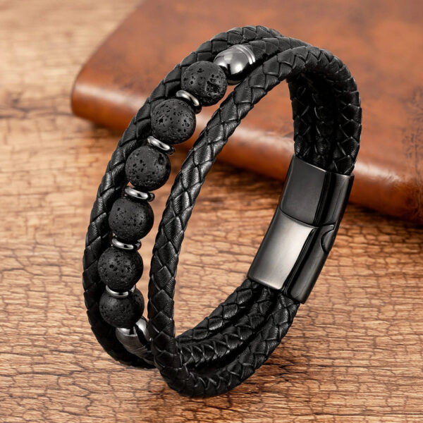 Multilayer Round Stone Leather Bracelets Tiger Eye Hematite Bracelets - Image 2