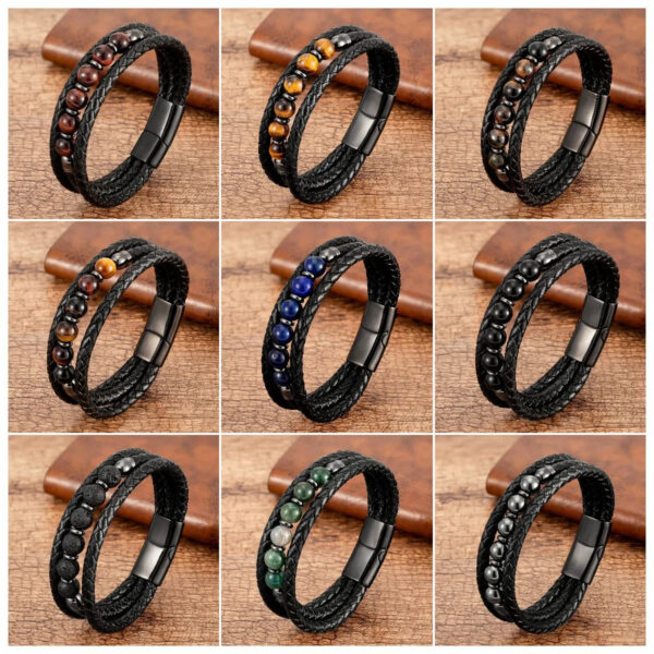 Multilayer Round Stone Leather Bracelets Tiger Eye Hematite Bracelets - Image 6