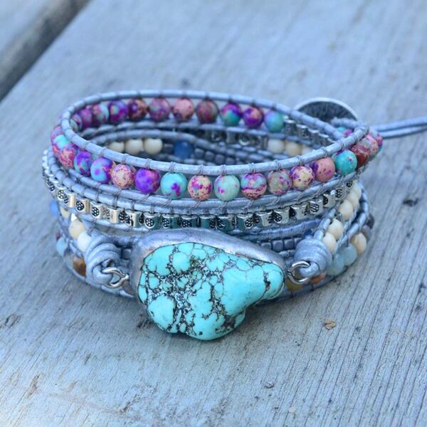 Agate Stone Braided Leather Rope Bracelet Turquoise Gemstone Bead Bracelet - Image 2