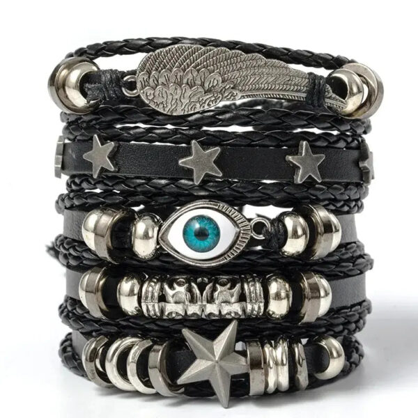 Evil Eye Braided Bracelet Set Lucky Beads Leather 5pcs Bracelet