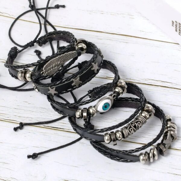 Evil Eye Braided Bracelet Set Lucky Beads Leather 5pcs Bracelet - Image 4