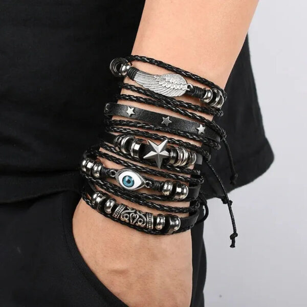 Evil Eye Braided Bracelet Set Lucky Beads Leather 5pcs Bracelet - Image 2