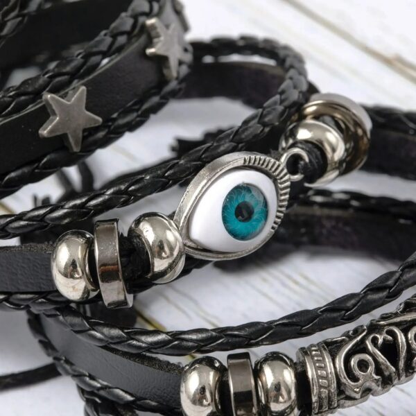 Evil Eye Braided Bracelet Set Lucky Beads Leather 5pcs Bracelet - Image 3