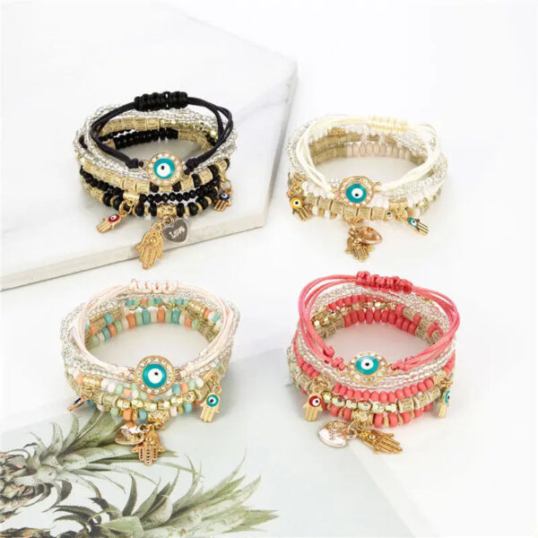 Evil Eye Bracelet Set Hamsa Charm Beaded Rope Women 6pcs Bracelet - Image 3