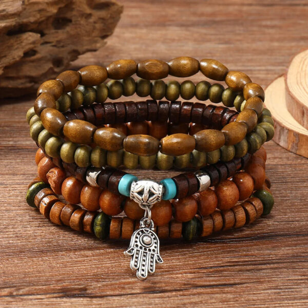 Ethnic Wood Bead Buddha Bracelet Set Lucky Handmade Jewelry Unisex - Image 2