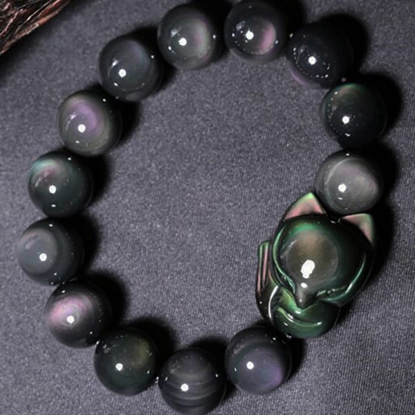 Feng Shui Small Fox Fairy Bracelet Black Obsidian Beads Lucky Protector