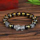 Black Obsidian Wealth Pixiu Bead Bracelet Pi Yao Luck Dragon Pi Xiu Piyao Beaded Elastic Band