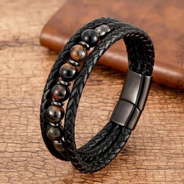 Multilayer Round Stone Leather Bracelets Tiger Eye Hematite Bracelets - Image 9