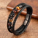 Multilayer Round Stone Leather Bracelets Tiger Eye Hematite Bracelets